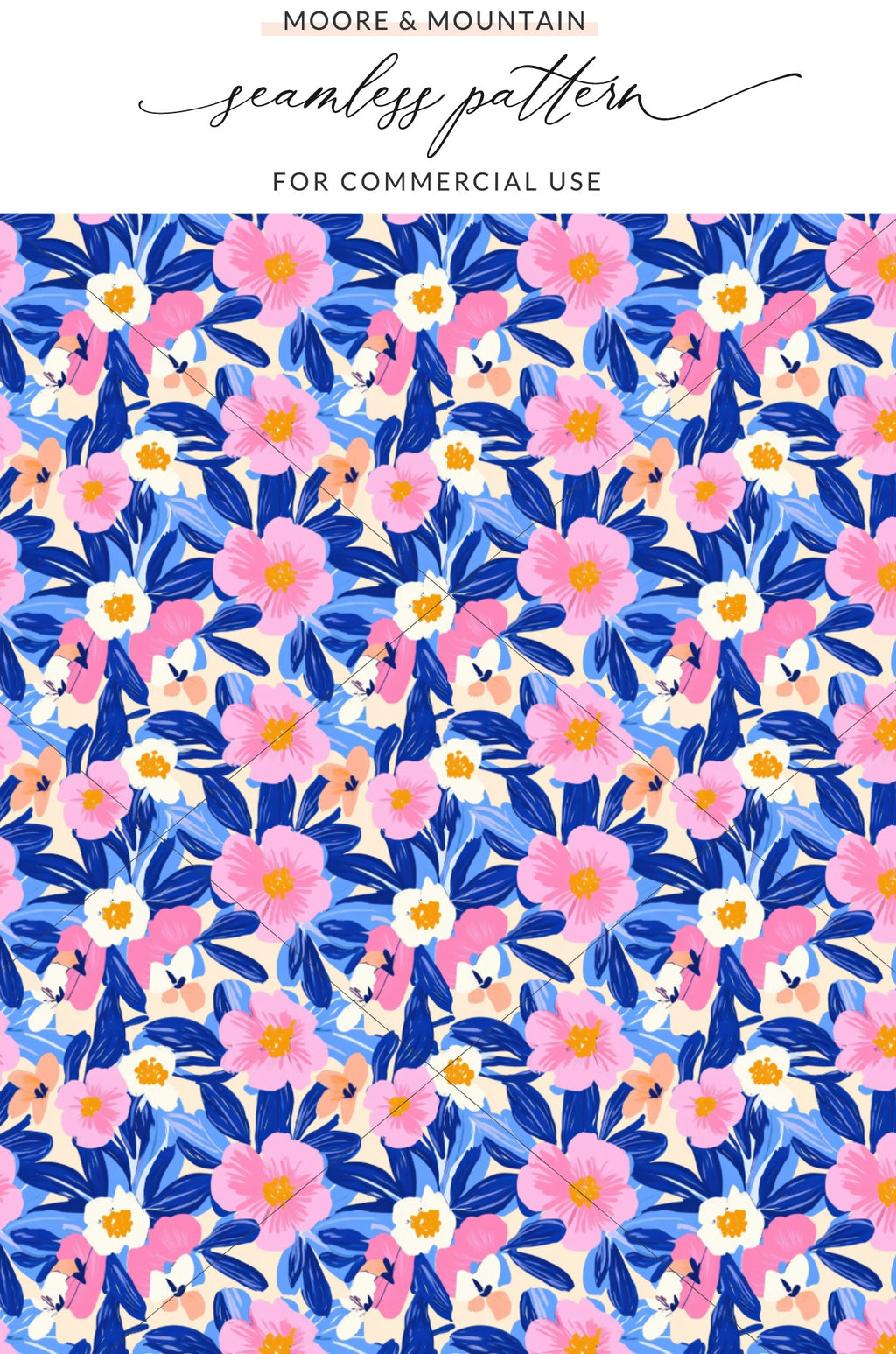 Floral pattern with pink and blue flowers on a blue and white background.