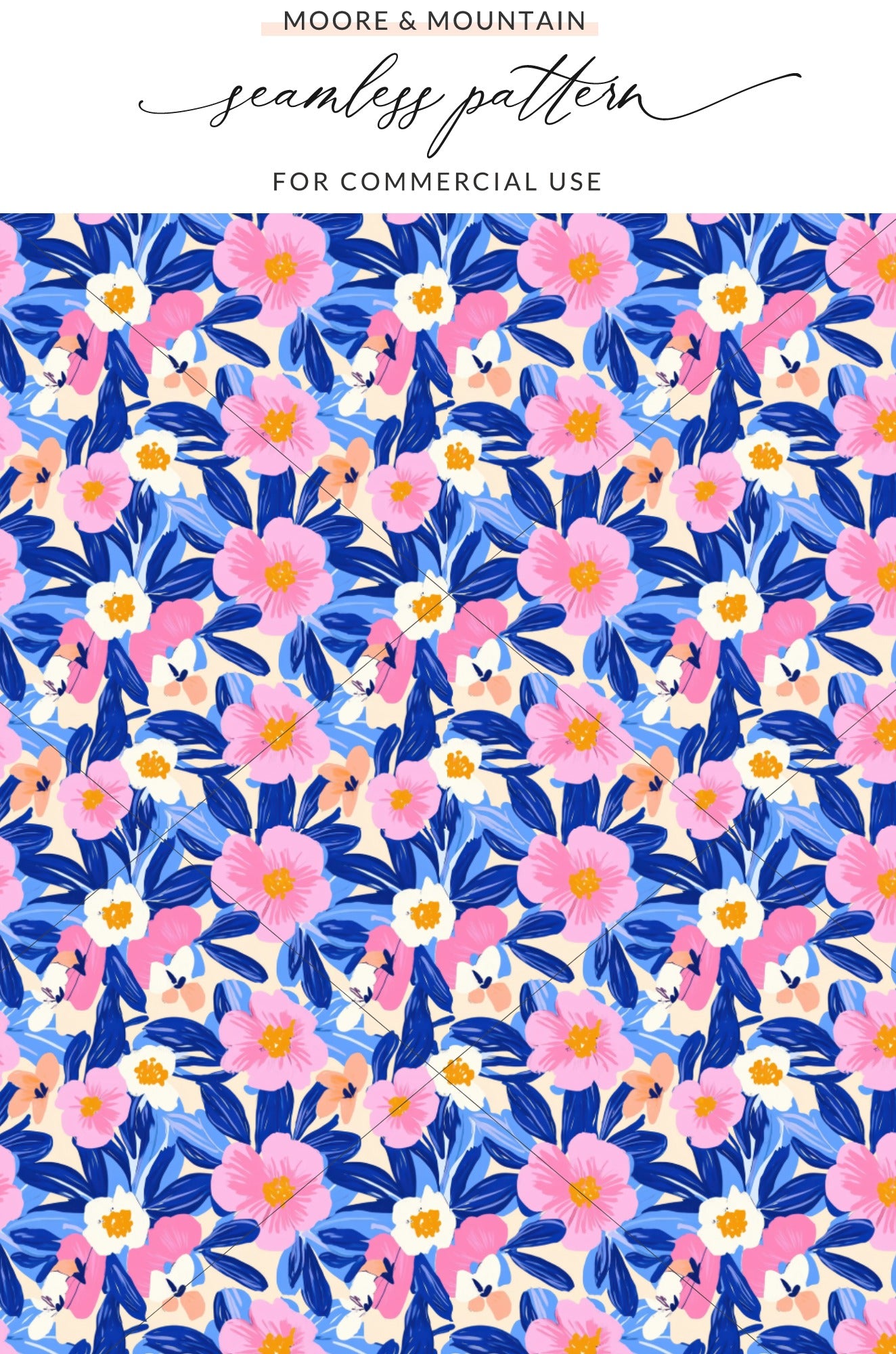Floral pattern with pink and blue flowers on a blue and white background.