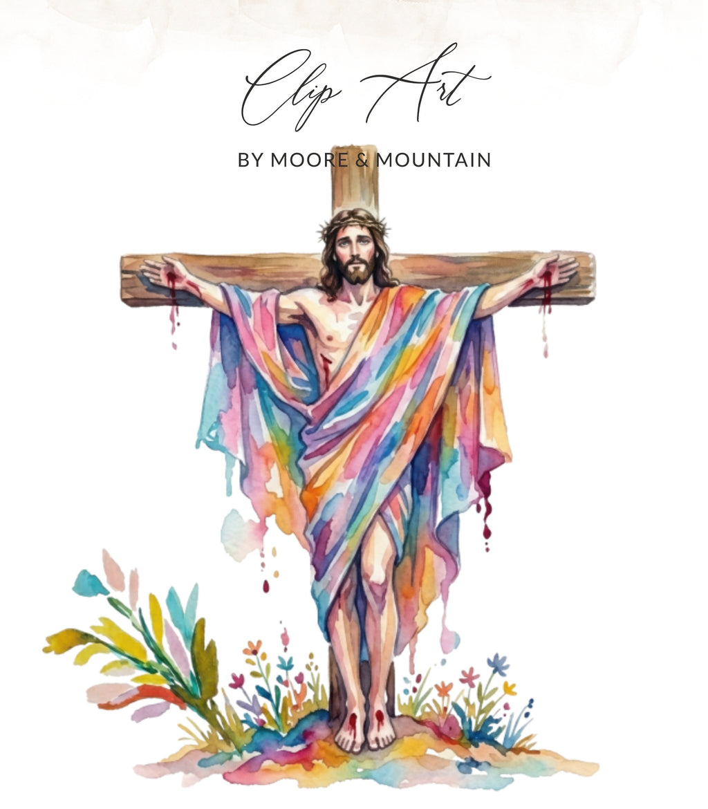 Jesus on a rainbow cross with floral accents.