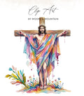 Jesus on a rainbow cross with floral accents.