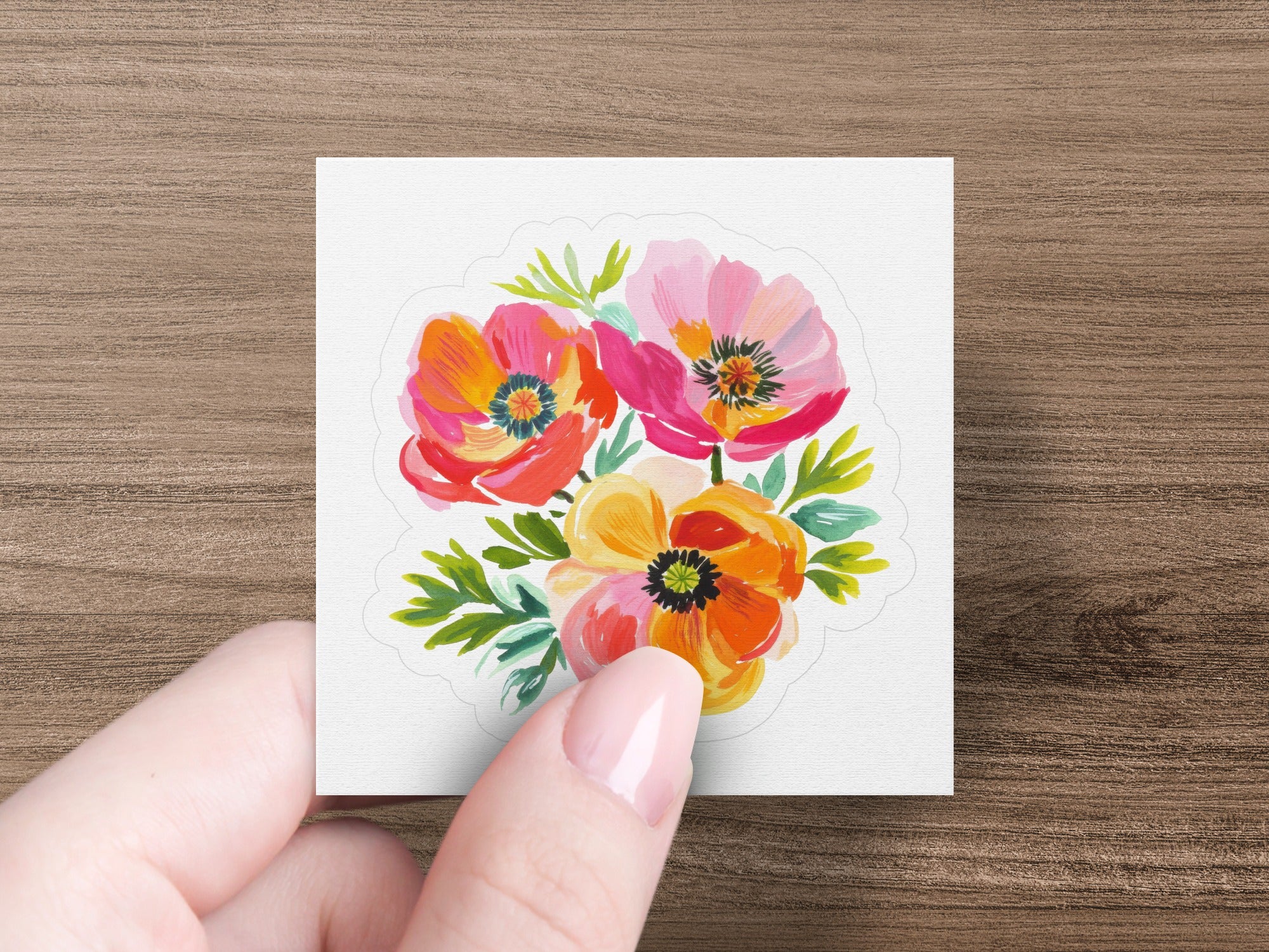 Floral sticker with three poppies in vibrant pinks and oranges.