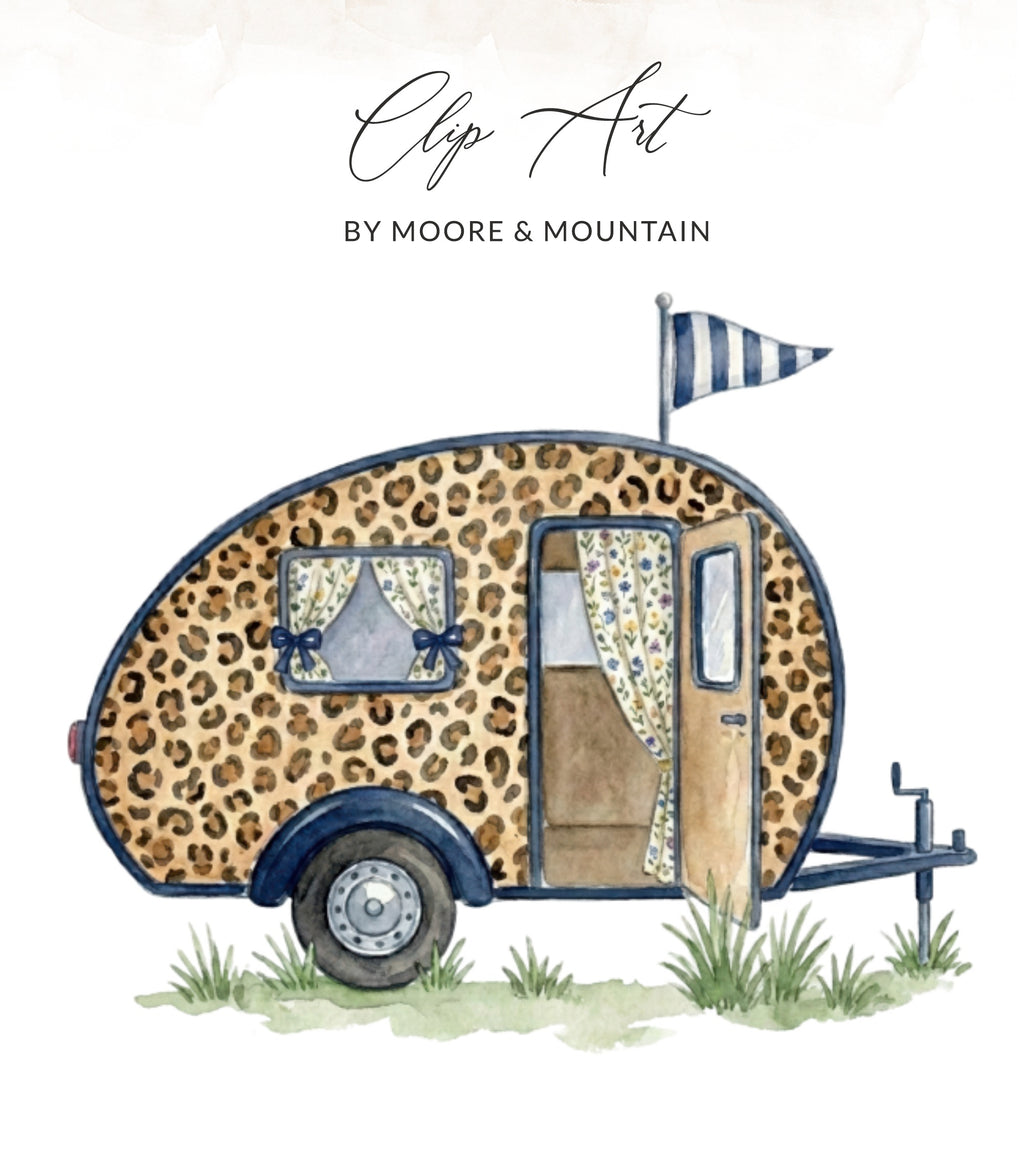 Leopard print camper trailer with striped flag and grass.
