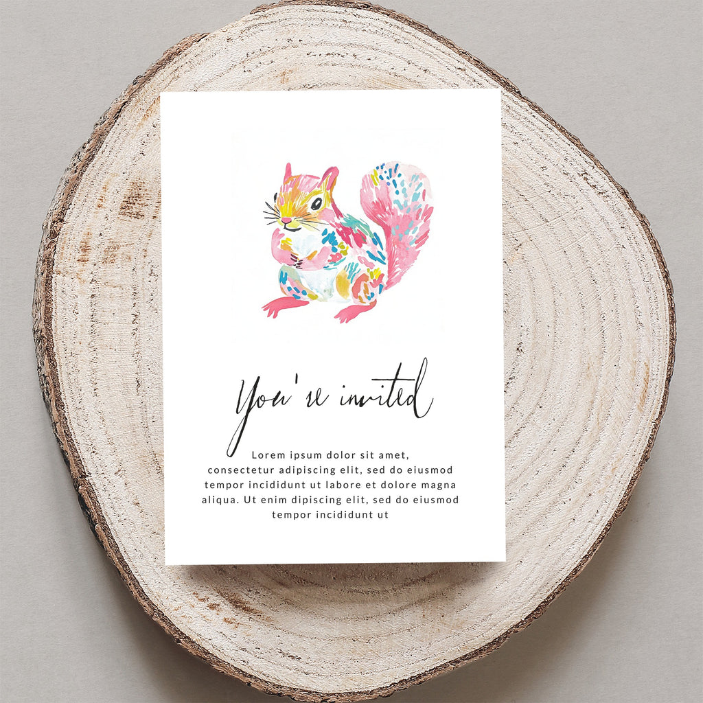 Invitation card with watercolor squirrel and "You're invited" text.