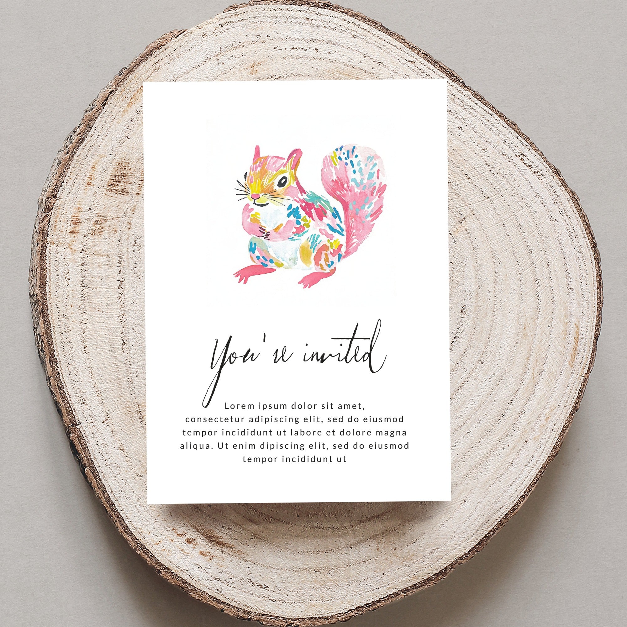 Invitation card with watercolor squirrel and "You're invited" text.