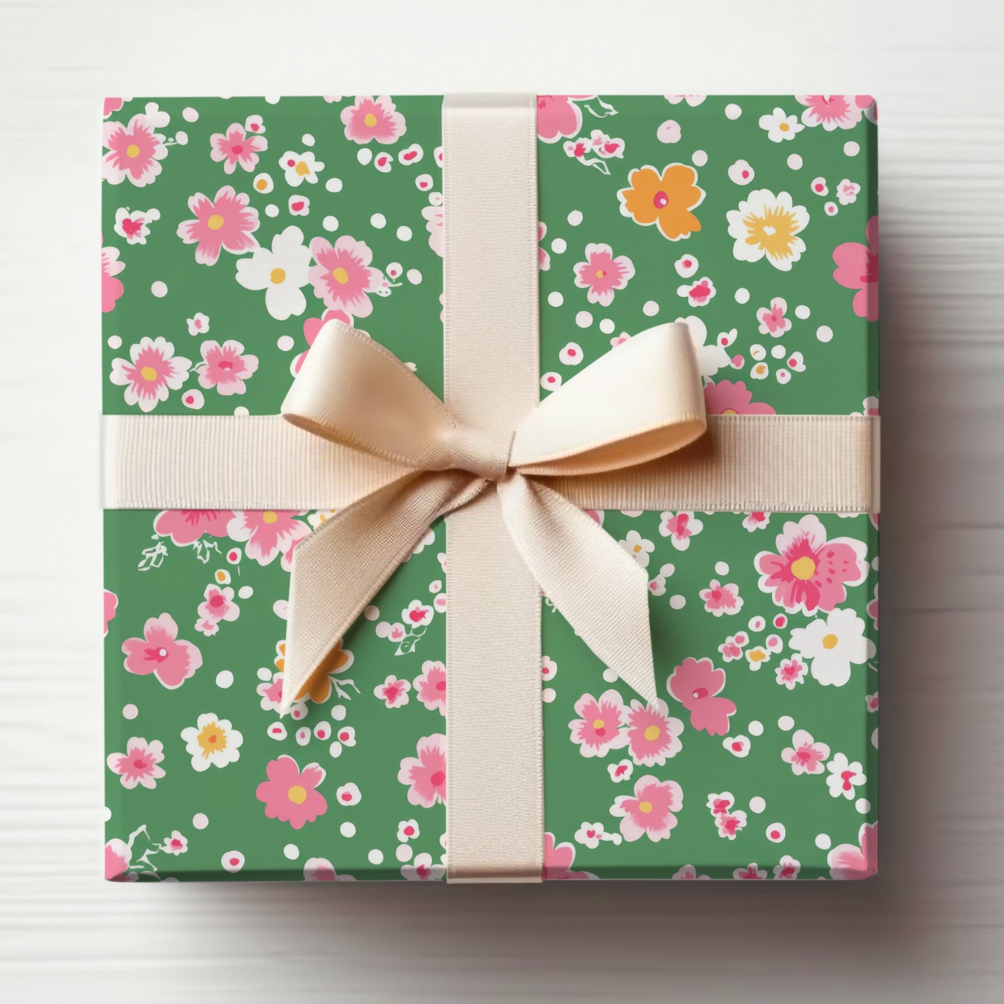 Floral Patterned Gift Box with Beige Ribbon
