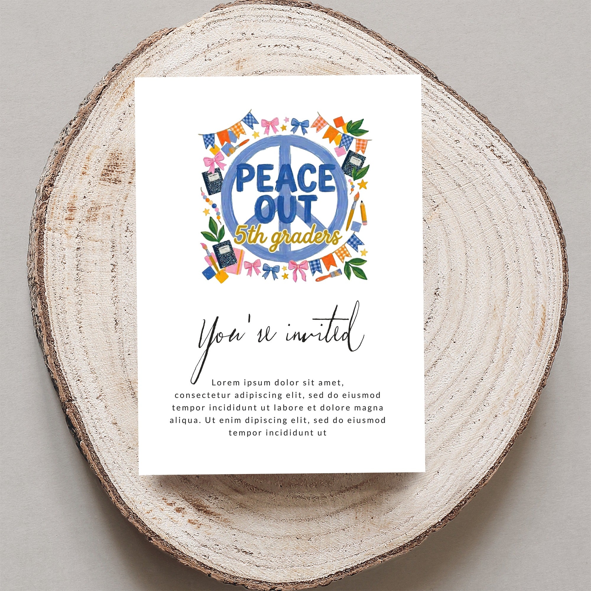 Peace Out 5th Graders invitation with colorful bunting and floral accents.