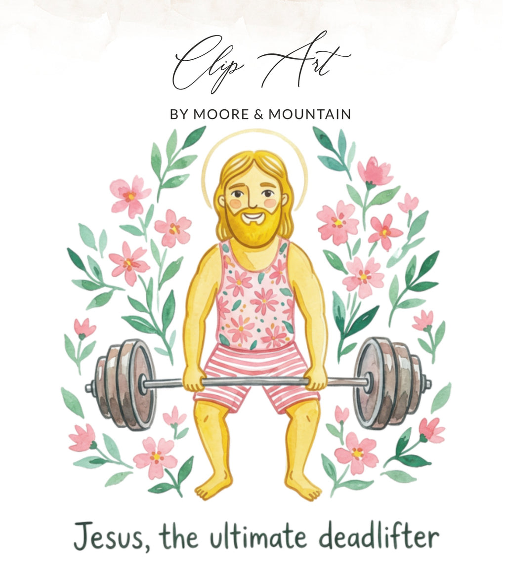Jesus in floral tank top and shorts deadlifting barbells surrounded by flowers.