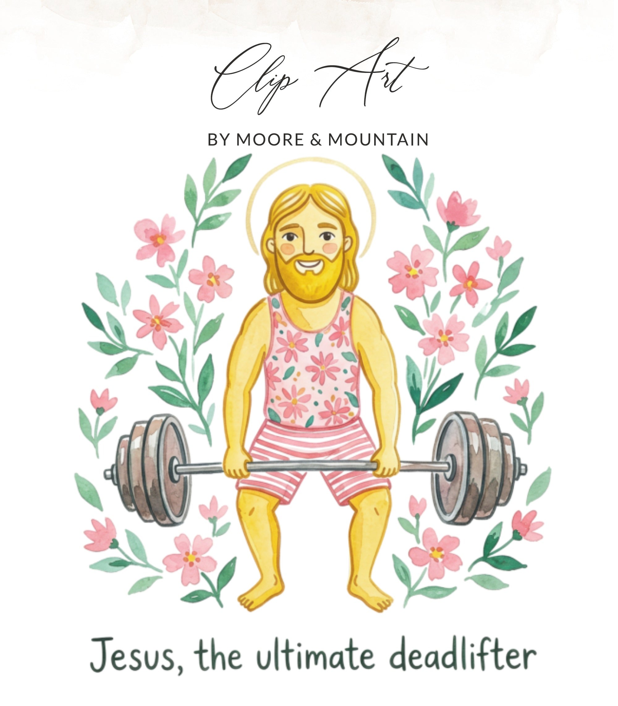 Jesus in floral tank top and shorts deadlifting barbells surrounded by flowers.