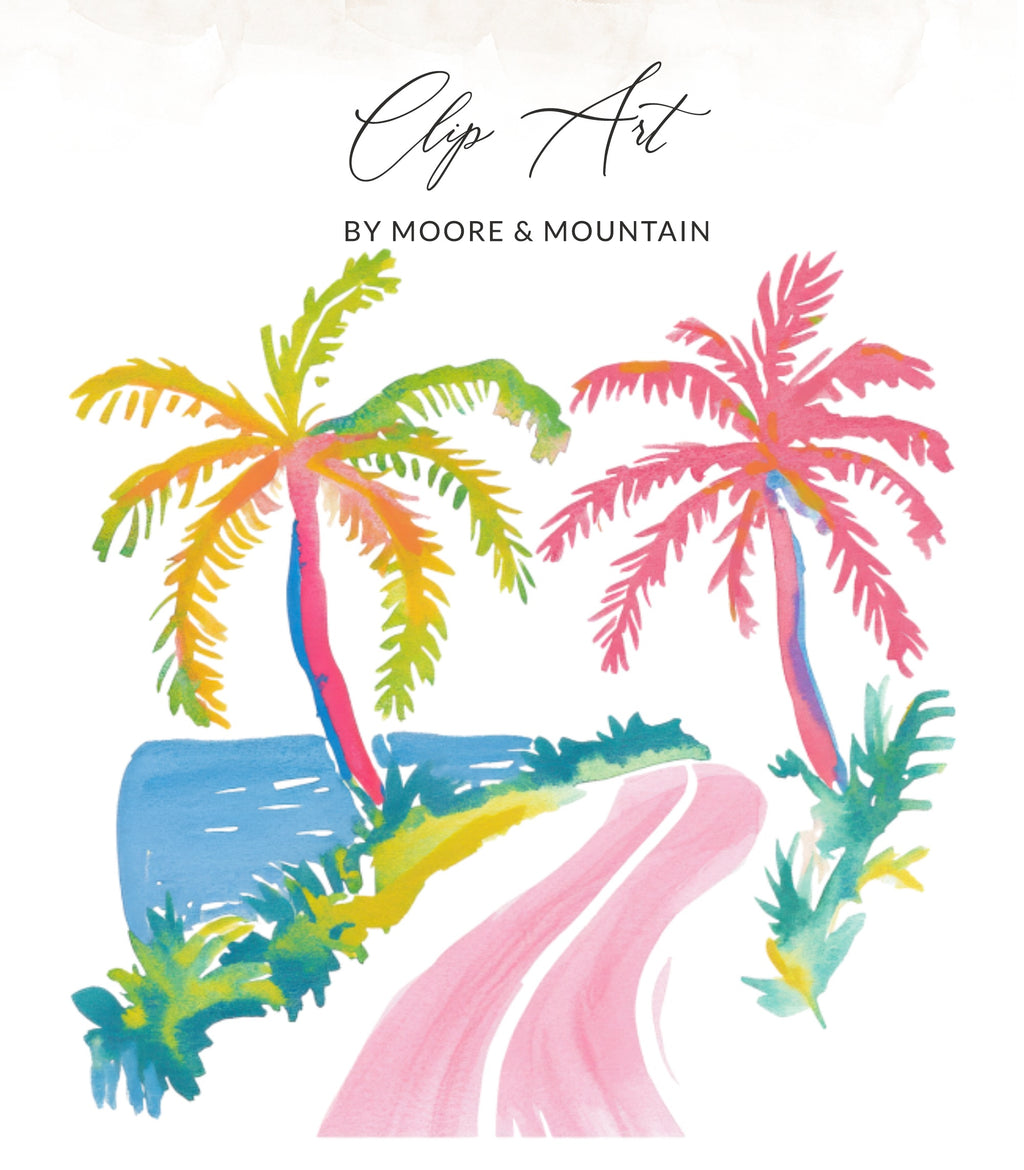 Pink and green palm trees overlook a winding pink road and blue ocean.