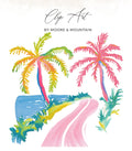 Pink and green palm trees overlook a winding pink road and blue ocean.