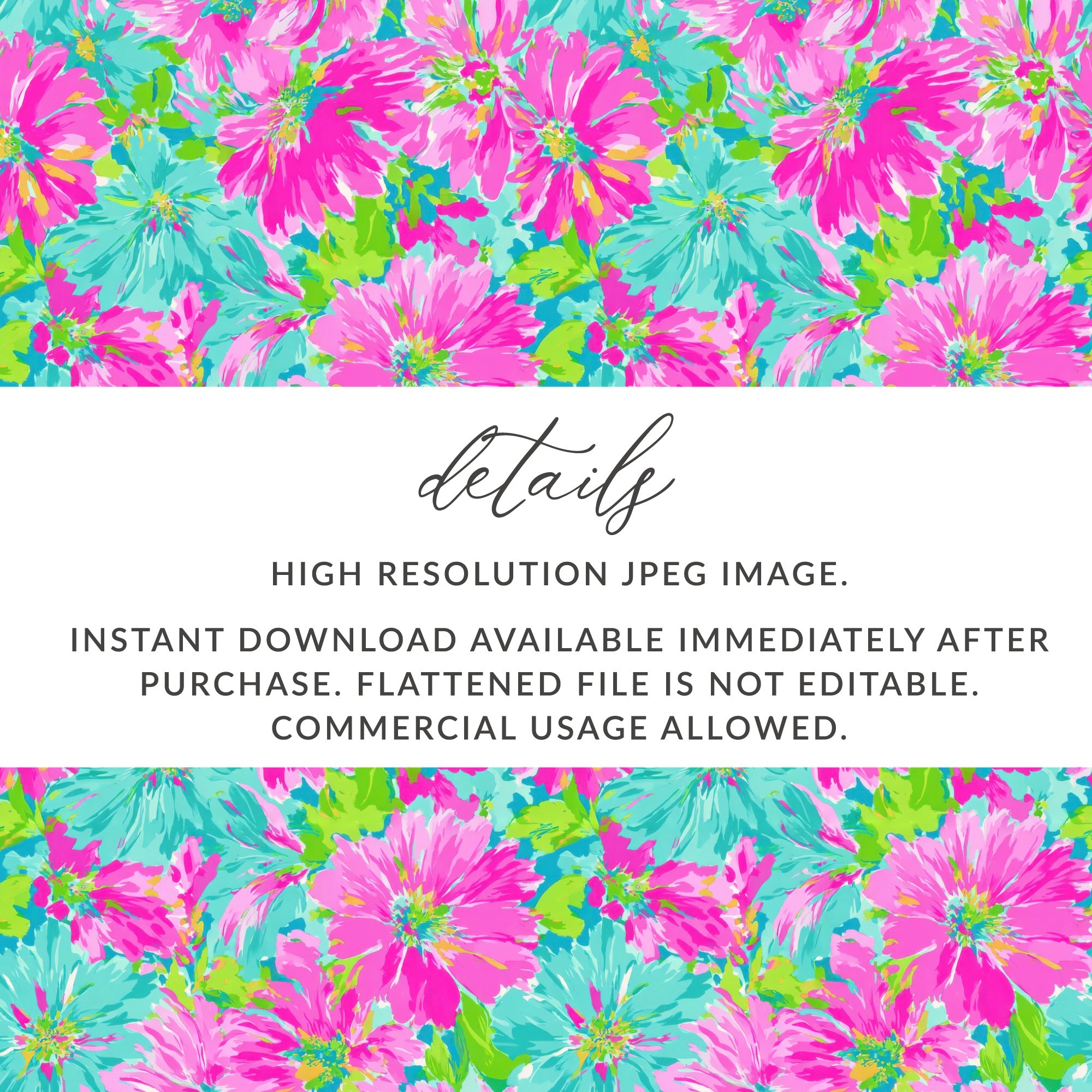Floral pattern with text detailing download and usage information.