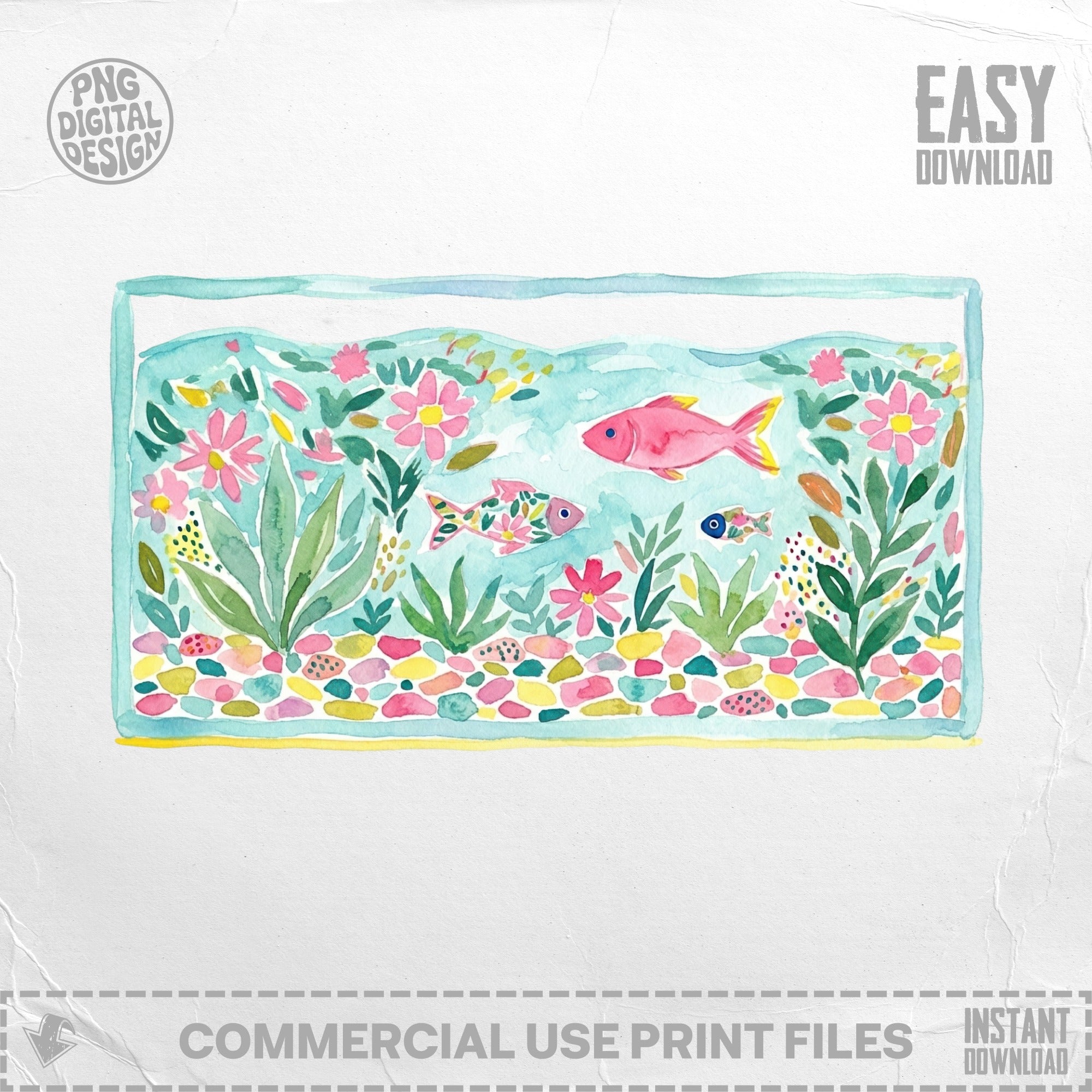 Watercolor aquarium with pink fish, plants, and colorful pebbles.