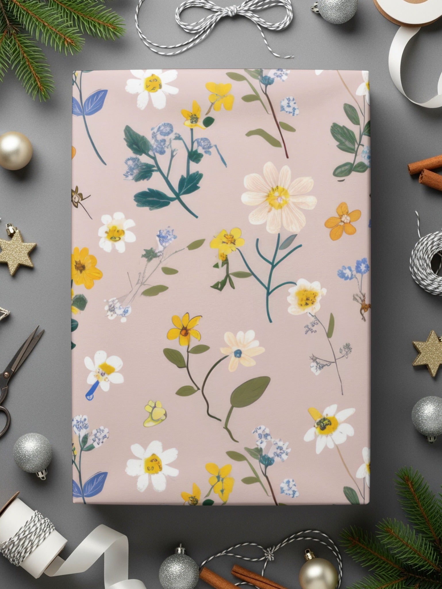 Floral Pattern Gift Wrap with Yellow and White Flowers