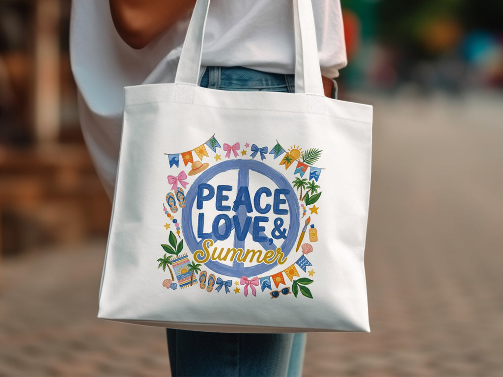 White tote bag with "Peace Love & Summer" graphic and summer icons.