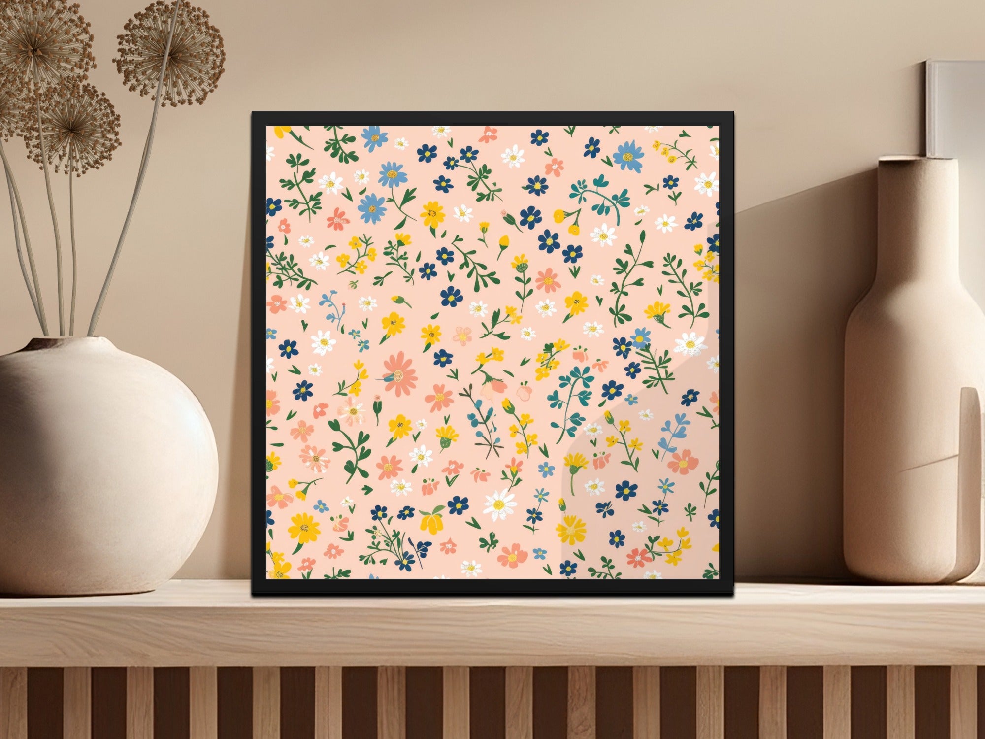 Vibrant Floral Print in Black Frame Wall Art Decor
