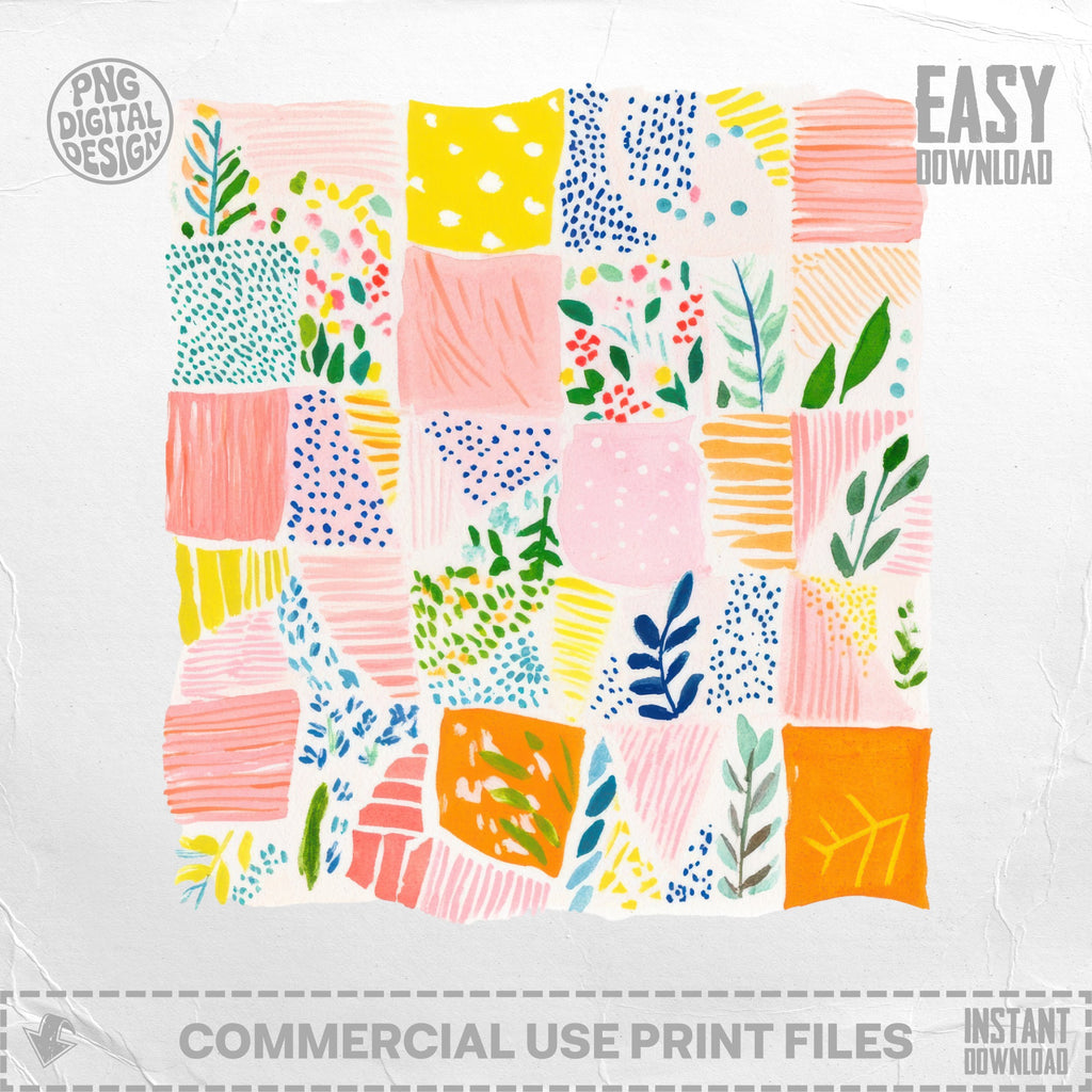 Colorful watercolor patchwork with floral and abstract patterns, "Easy Download" text.
