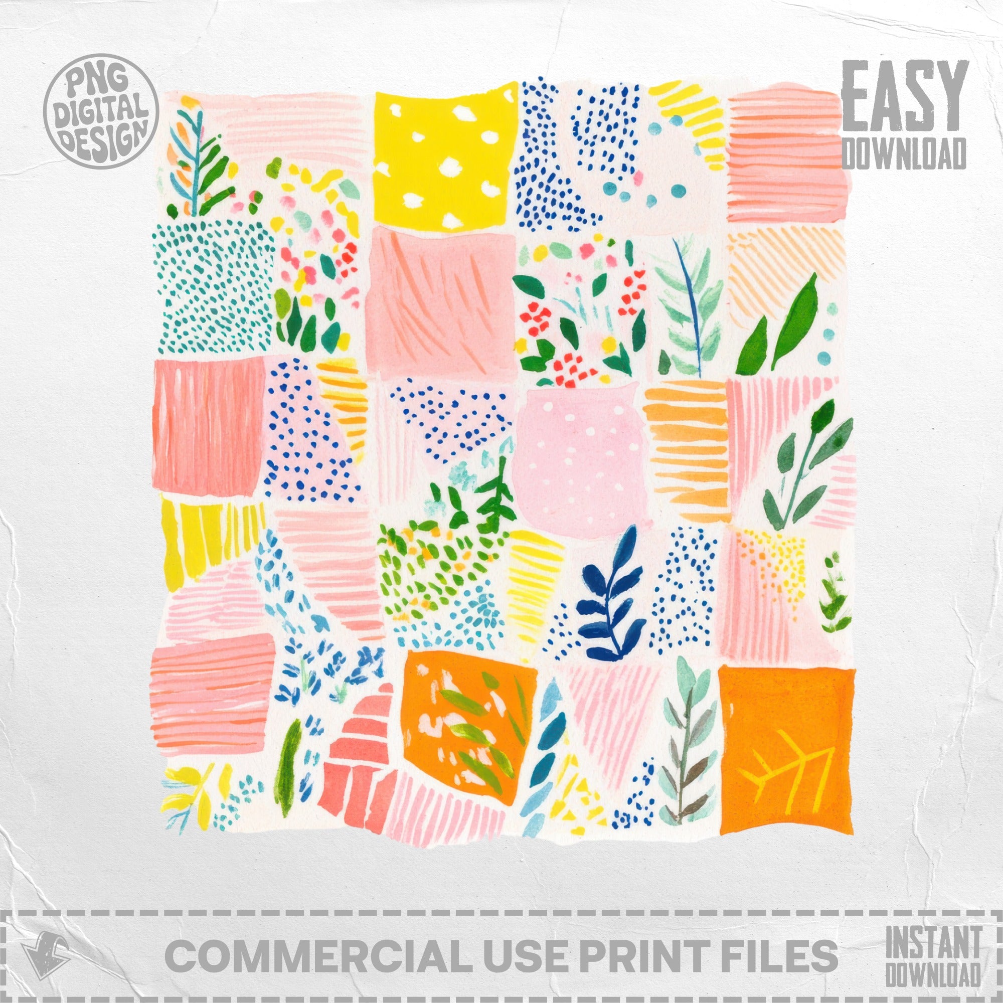 Colorful watercolor patchwork with floral and abstract patterns, "Easy Download" text.