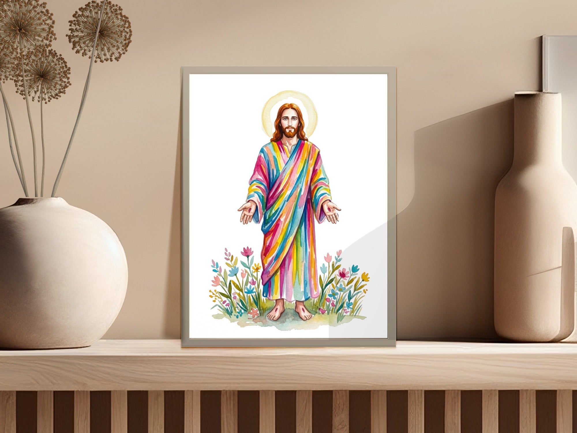 Jesus standing in a colorful robe with a halo and floral background.