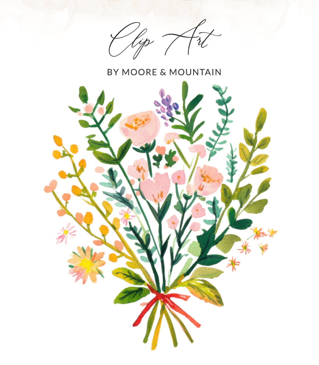 Watercolor floral bouquet with red ribbon, text "Clip Art BY MOORE & MOUNTAIN".