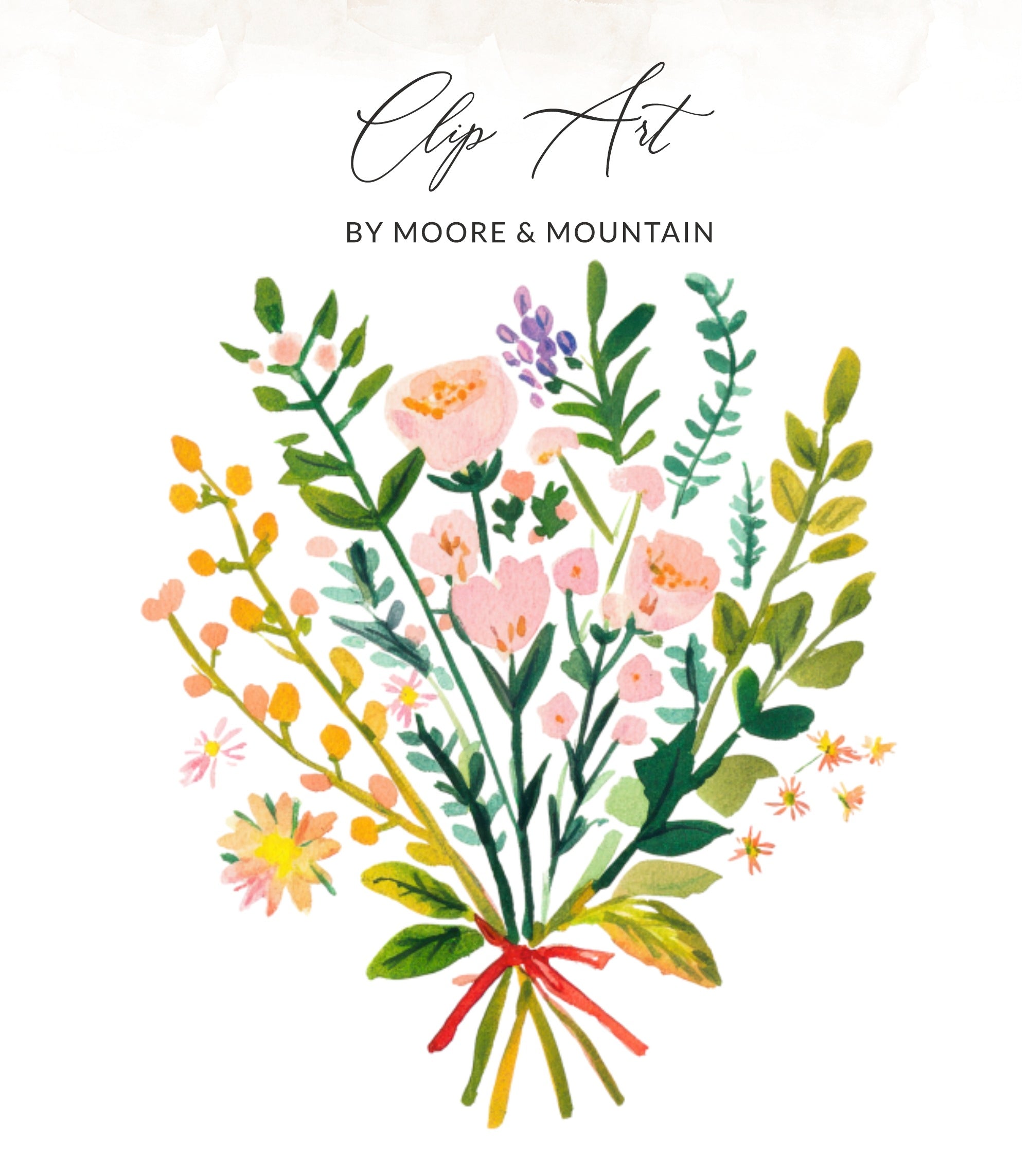 Watercolor floral bouquet with red ribbon, text "Clip Art BY MOORE & MOUNTAIN".