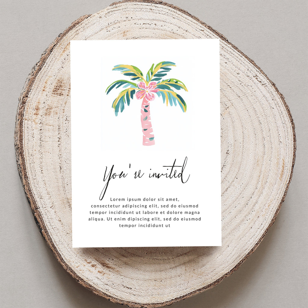 Invitation with palm tree illustration and "You're invited" text.