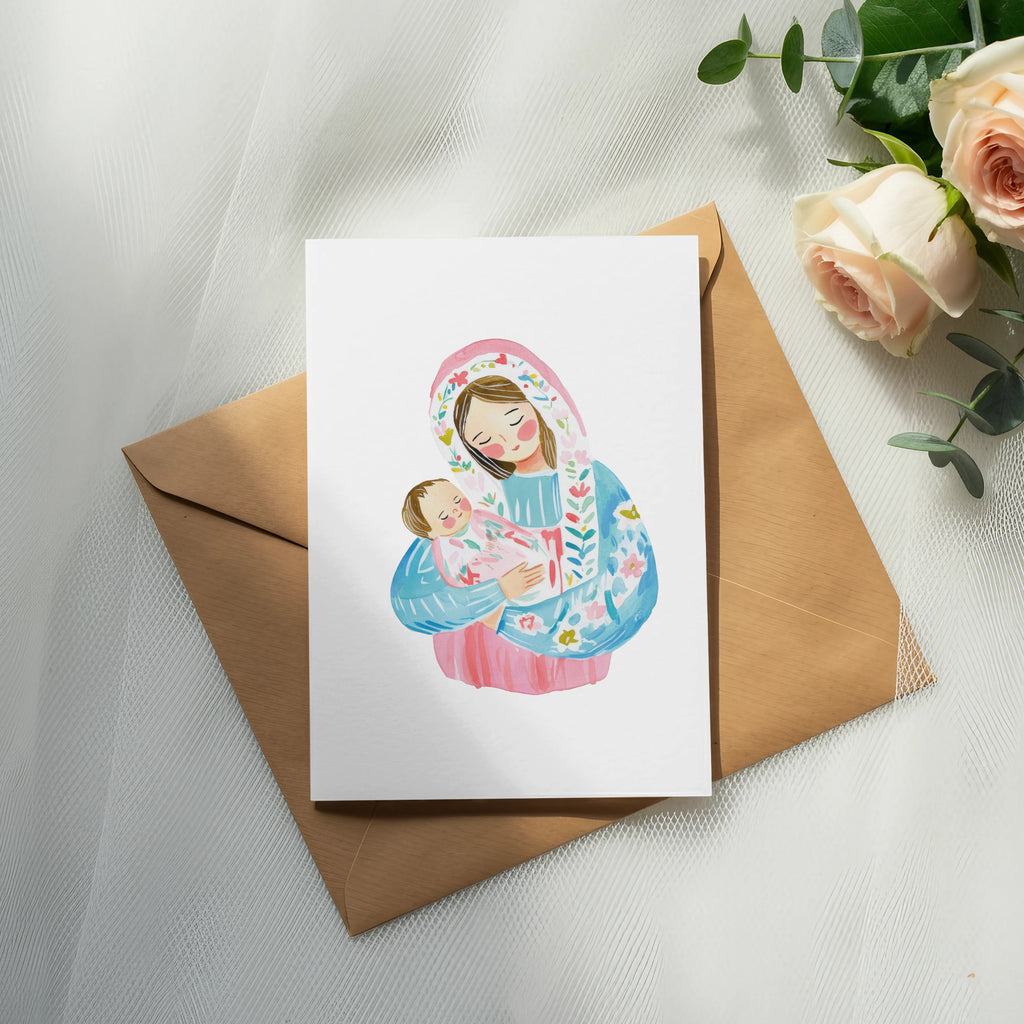 Watercolor illustration of Mary holding baby Jesus on a card, with roses and eucalyptus.