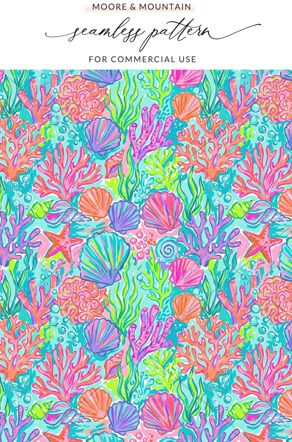 Coral reef pattern with seashells and starfish in bright, playful colors.