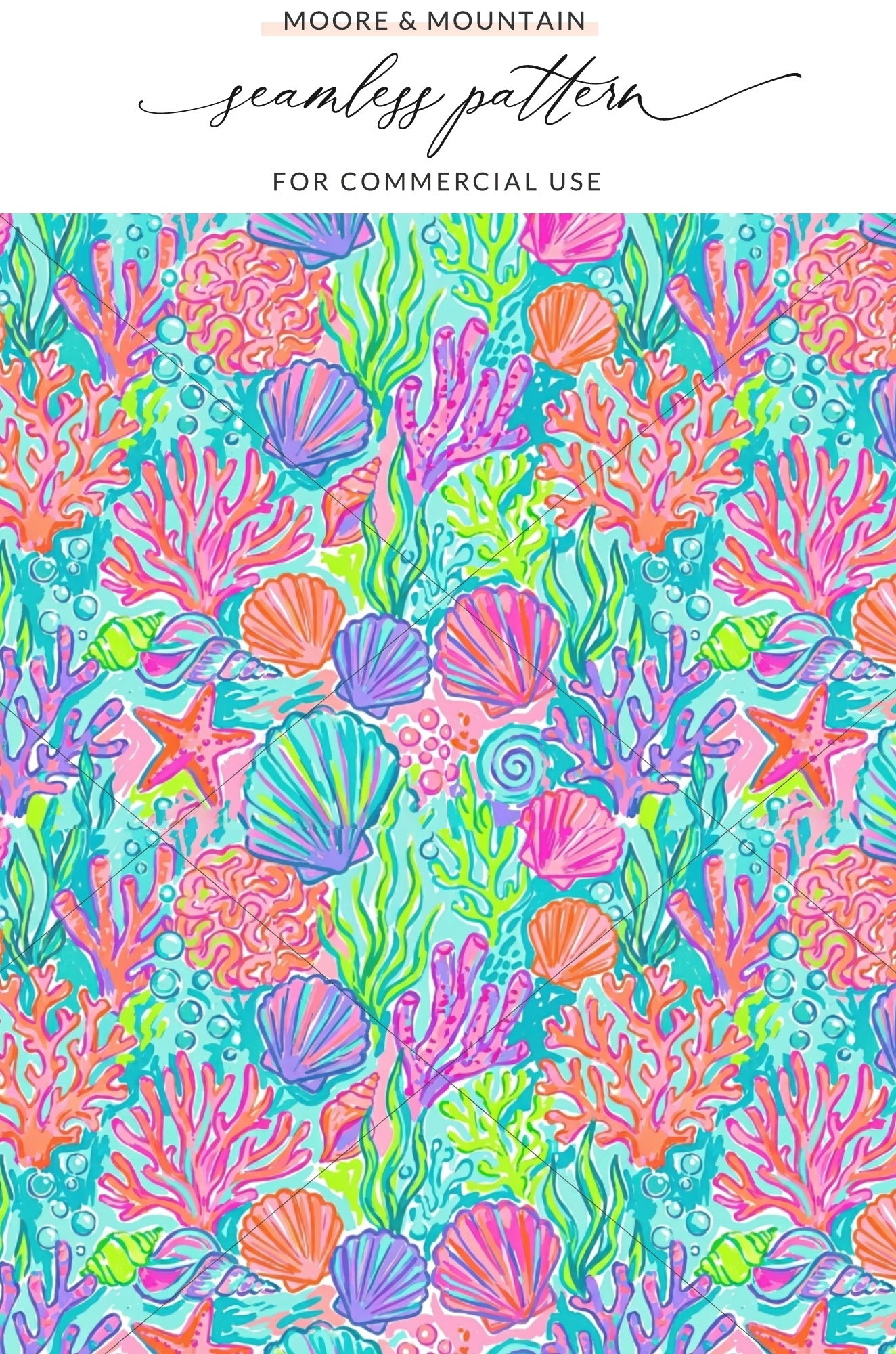 Coral reef pattern with seashells and starfish in bright, playful colors.