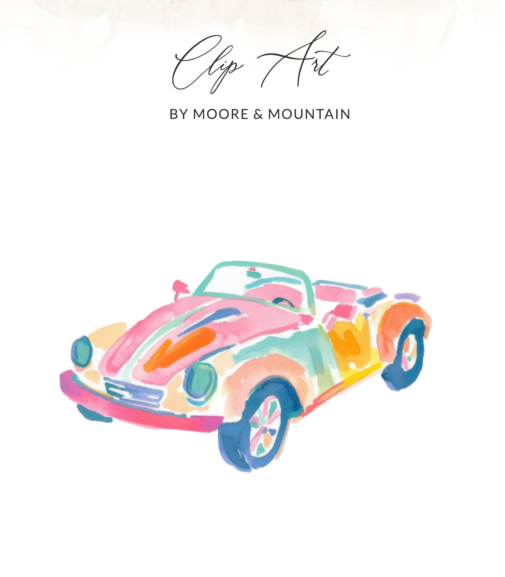 Watercolor illustration of a colorful retro convertible car, "Clip Art by Moore & Mountain".
