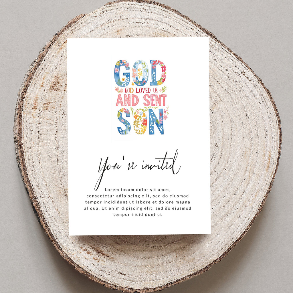 Invitation with "God loved us and sent Son" text and floral design.