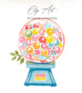 Watercolor gumball machine with colorful gumballs and floral accents.
