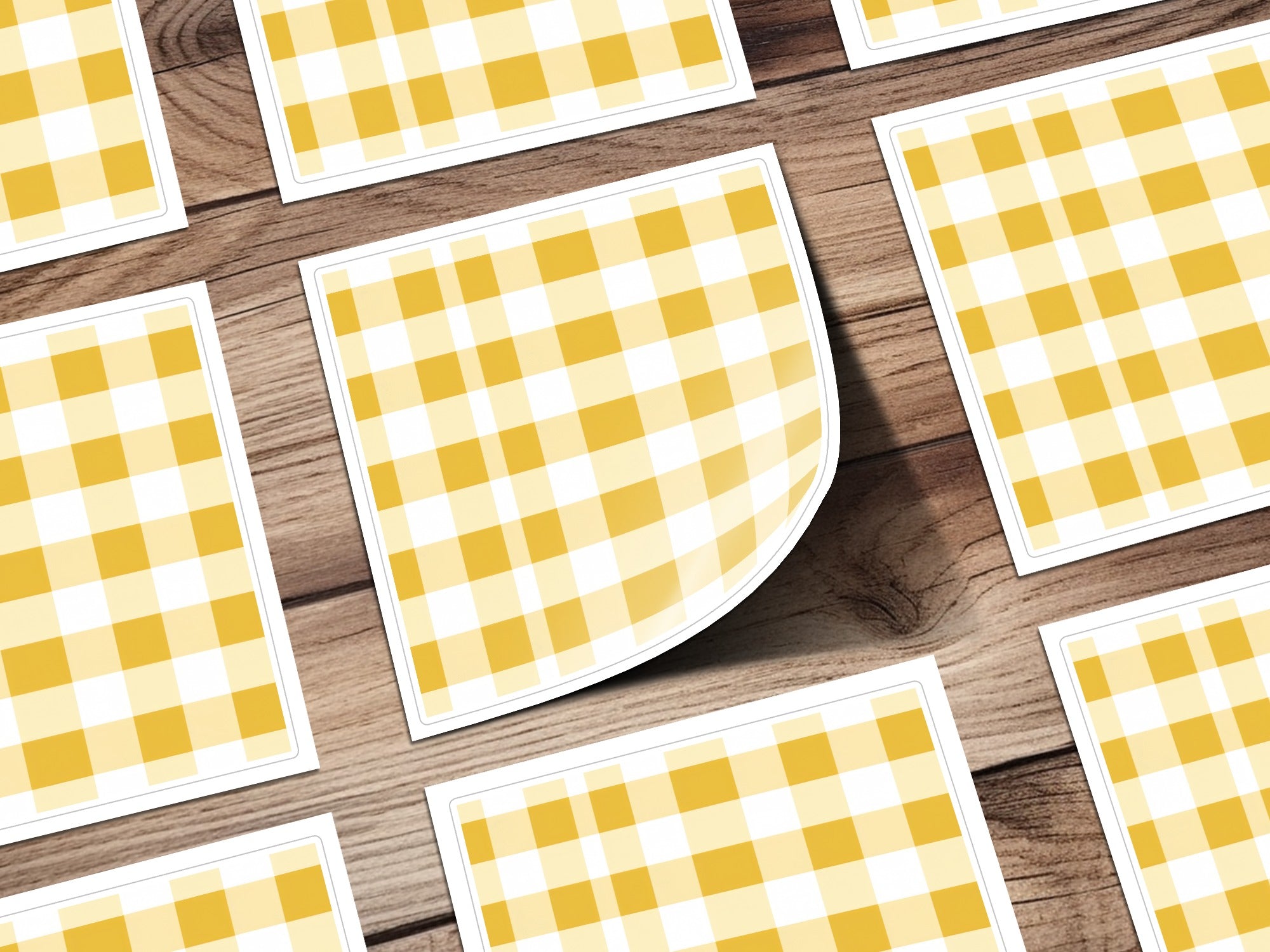 Yellow and White Gingham Pattern Stickers Set of Six