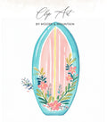 Teal surfboard with pink coral, green leaves, and blue flowers.