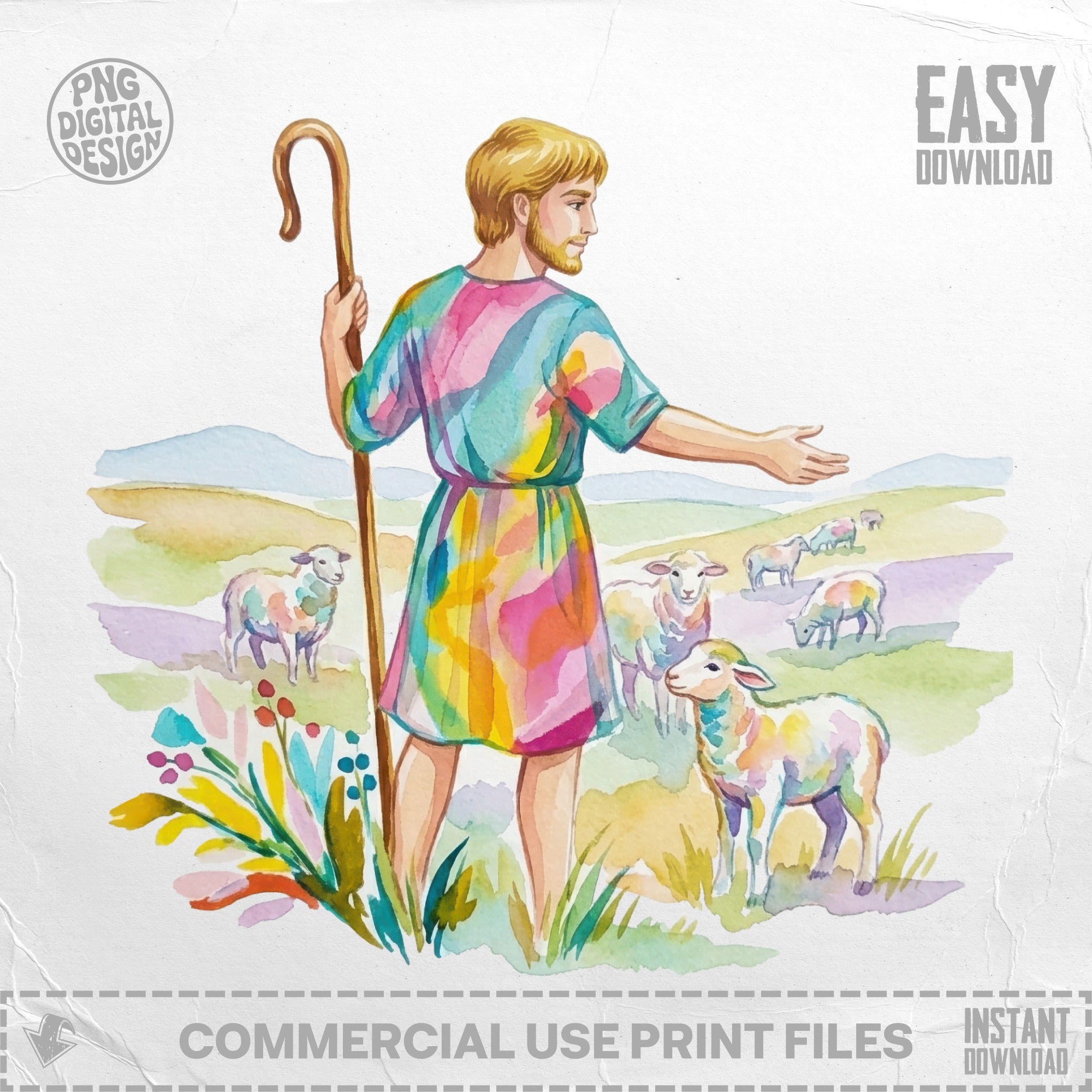 Shepherd with colorful tunic and staff tending to a flock of sheep in a meadow.
