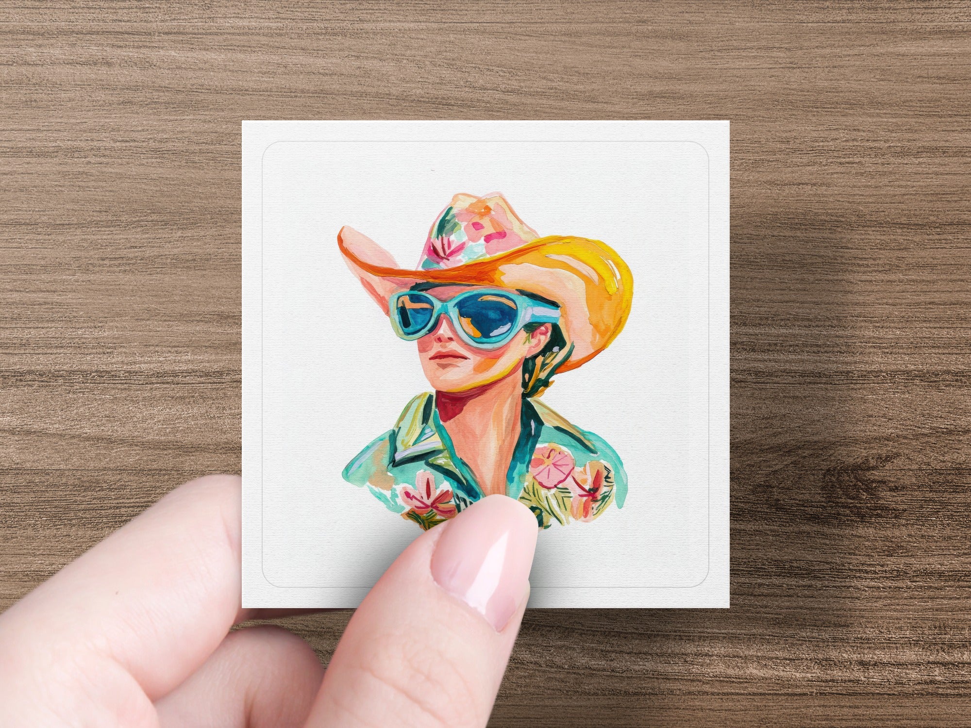 Watercolor portrait of a person wearing a cowboy hat and sunglasses.