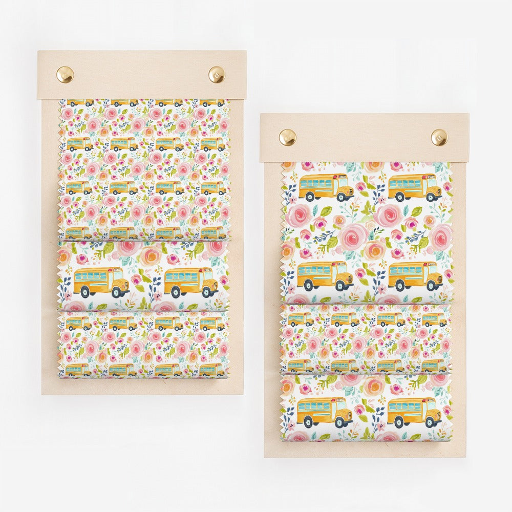 Colorful School Bus and Floral Patterned Fabric Textile