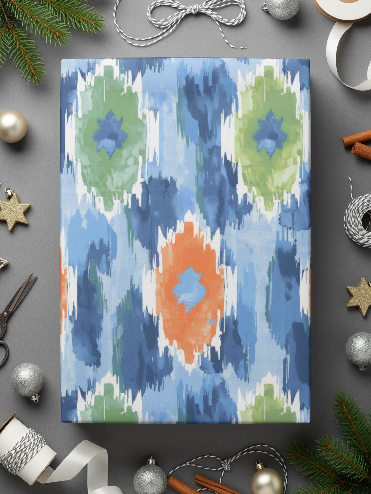 Ikat Pattern Blue and Green Holiday Wrapping Paper