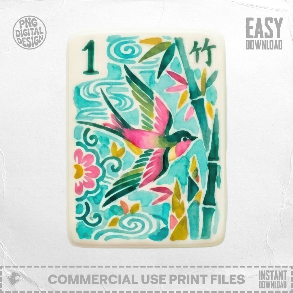 Mahjong tile with a bird, bamboo, and flower design.