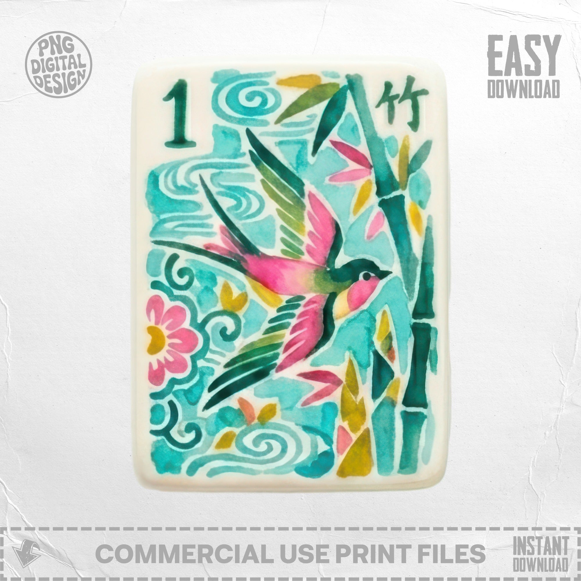 Mahjong tile with a bird, bamboo, and flower design.