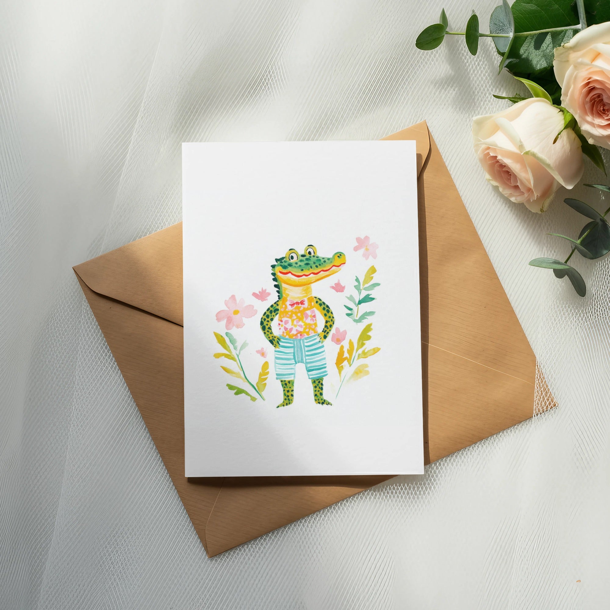 Watercolor illustration of a smiling alligator in a striped shirt and shorts.