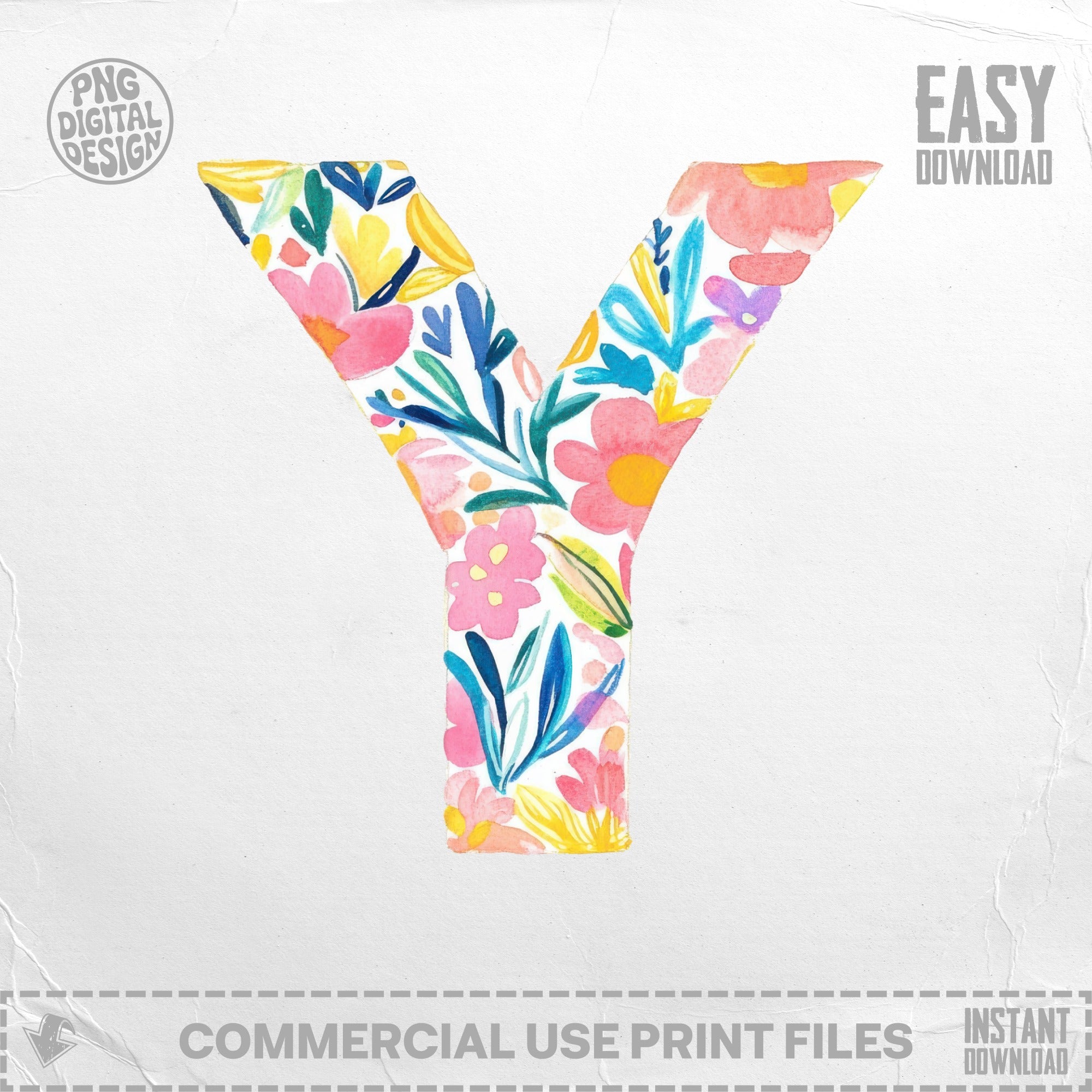 Watercolor floral letter Y with "PNG DIGITAL DESIGN" and "EASY DOWNLOAD" text.