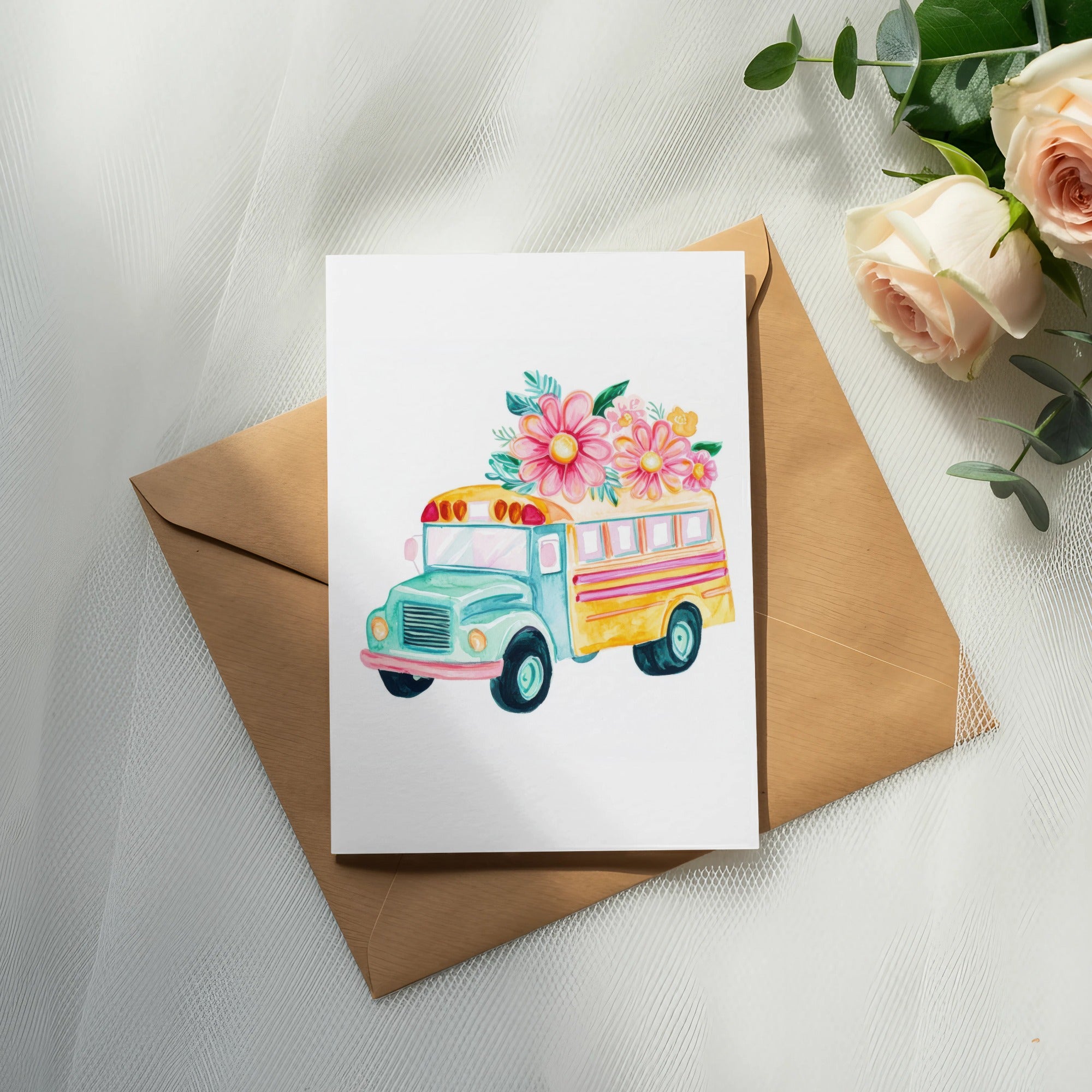 Watercolor illustration of a yellow school bus with flowers on a card.