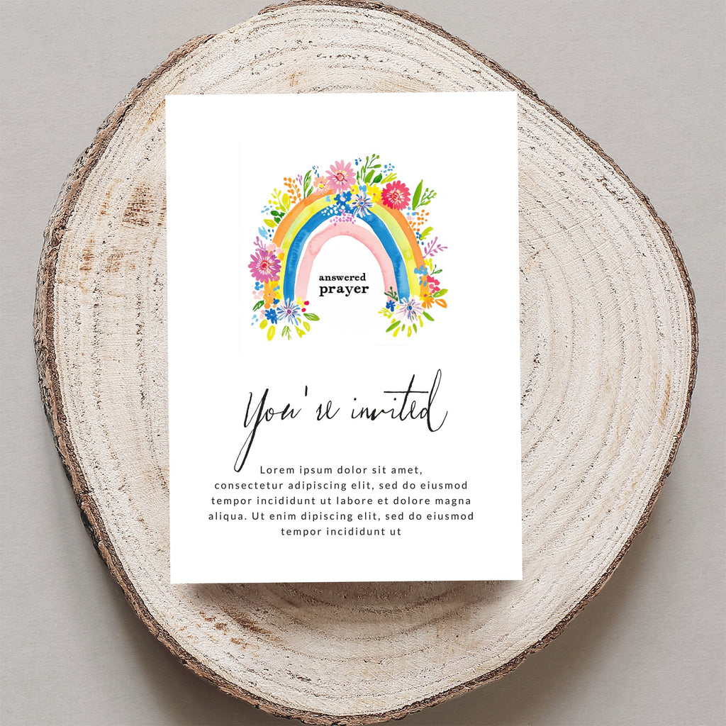 Invitation with rainbow and "answered prayer" text.