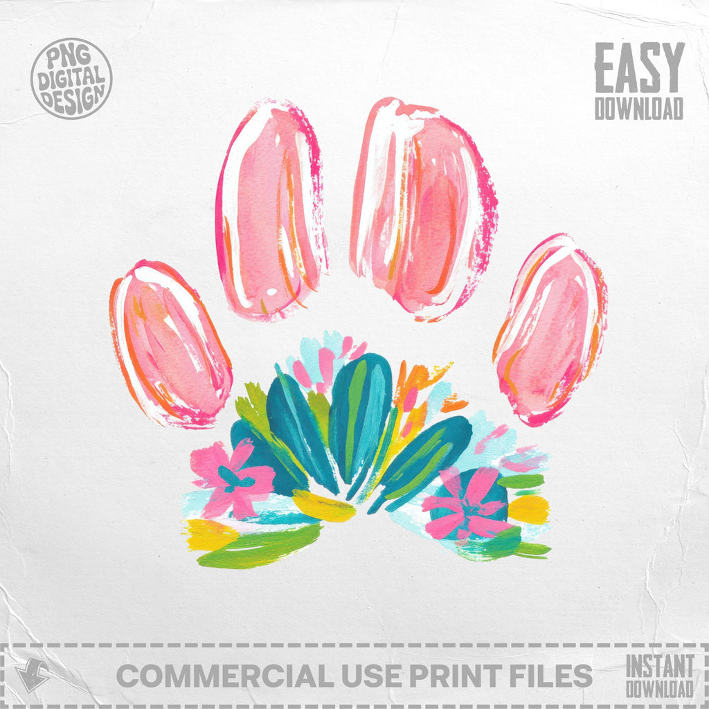 Pink paw print with colorful floral accents on light background.