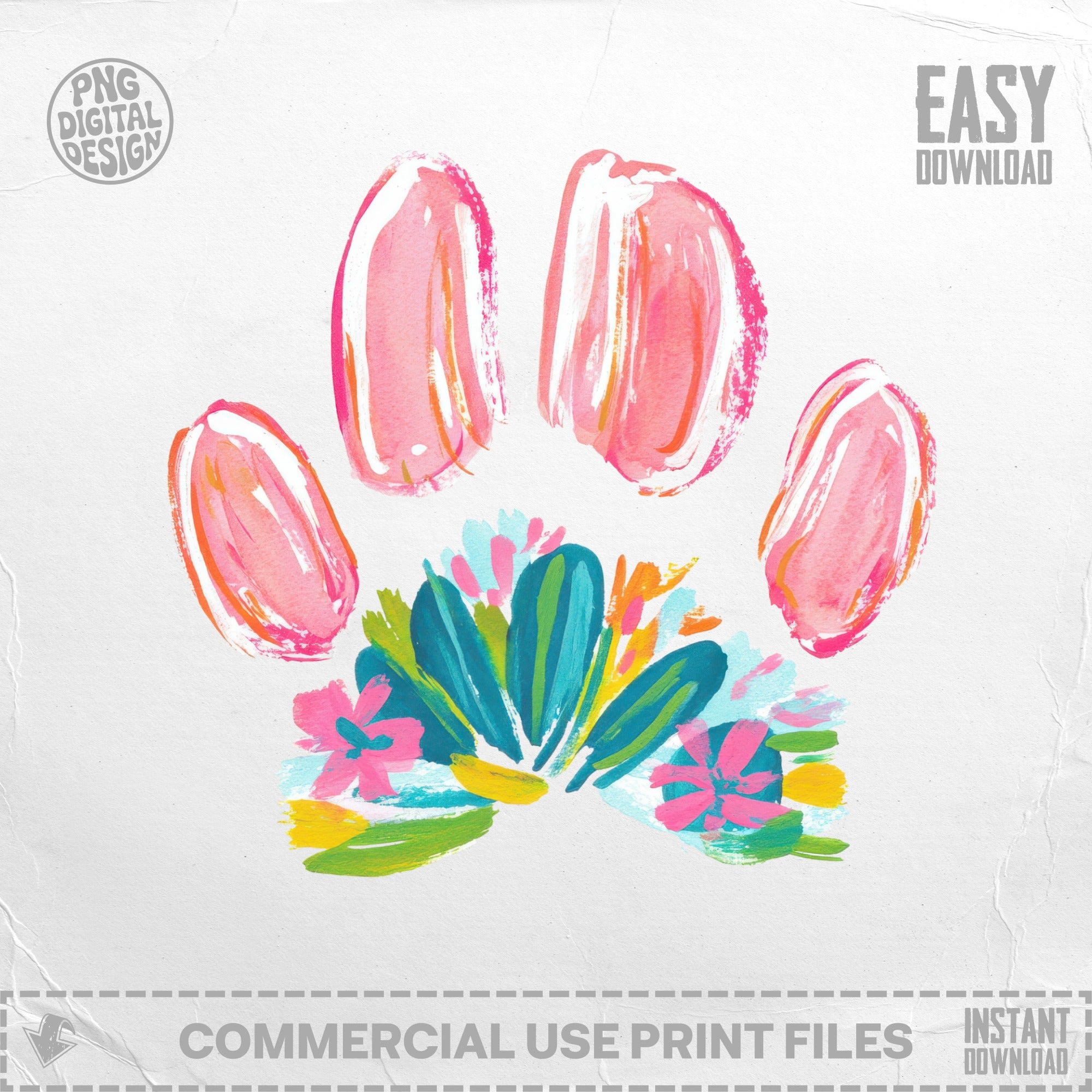 Pink paw print with colorful floral accents on light background.