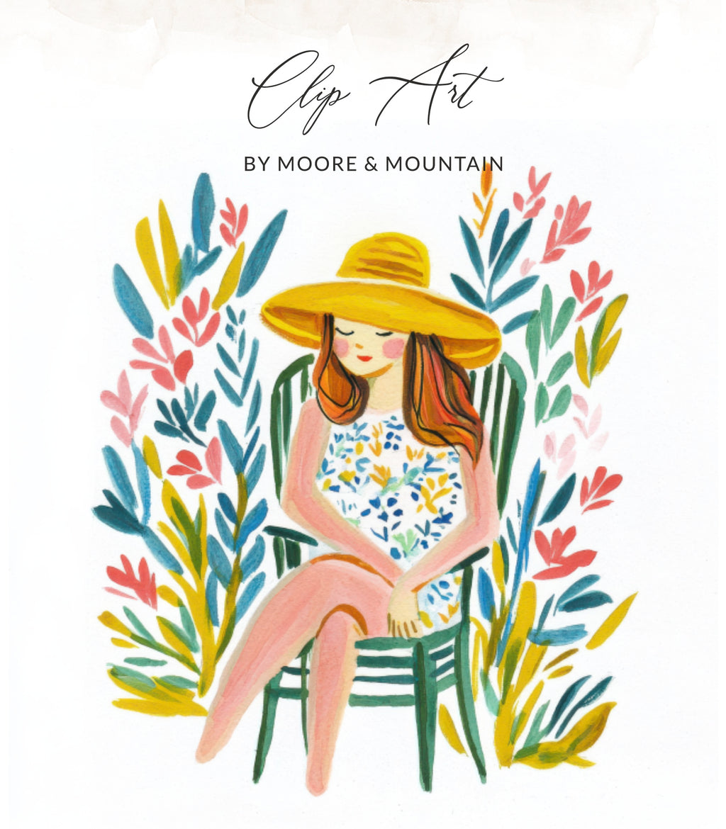 Woman in yellow hat sitting in chair with colorful floral background.