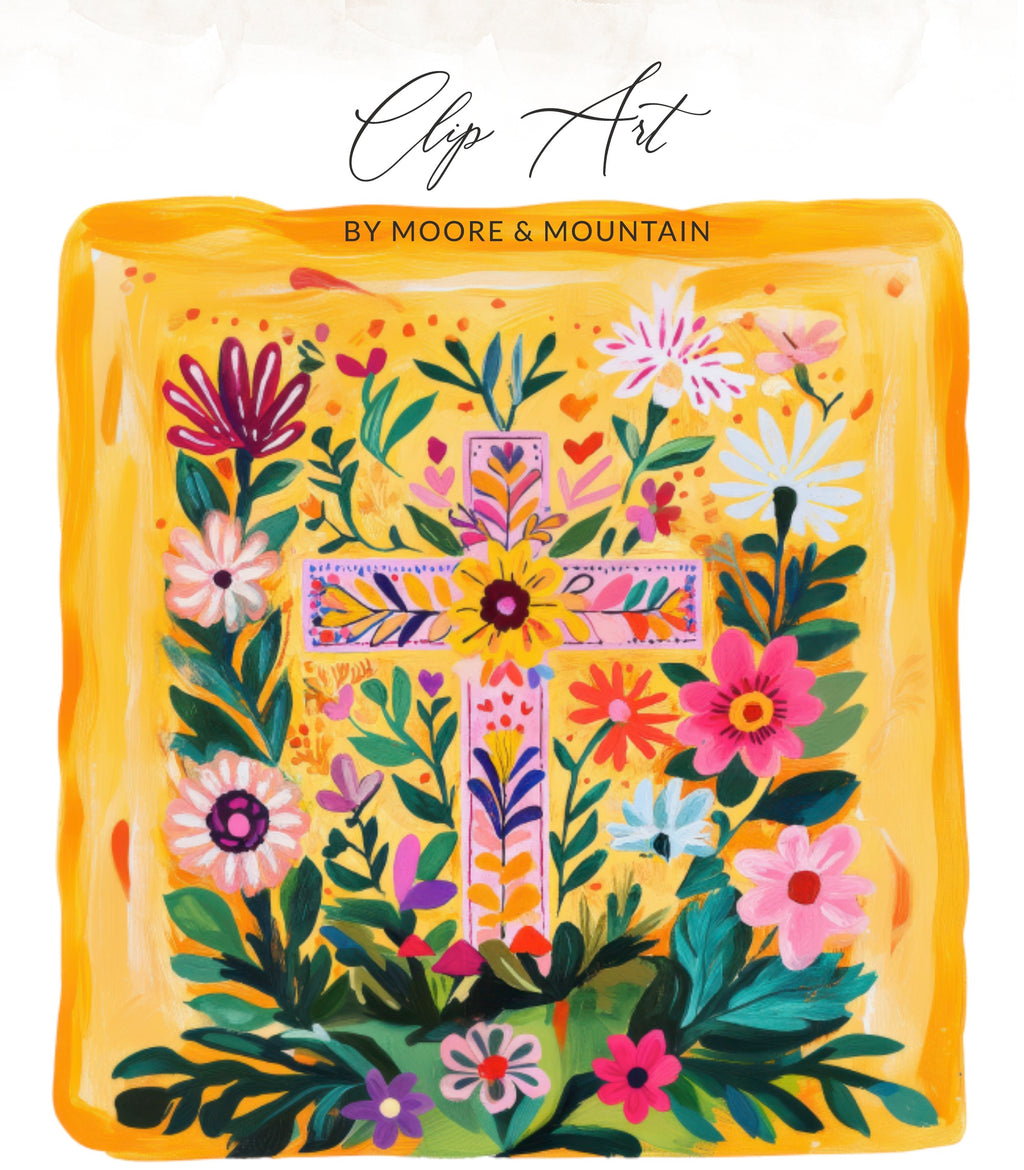 Floral cross art with "Clip Art by Moore & Mountain" text.