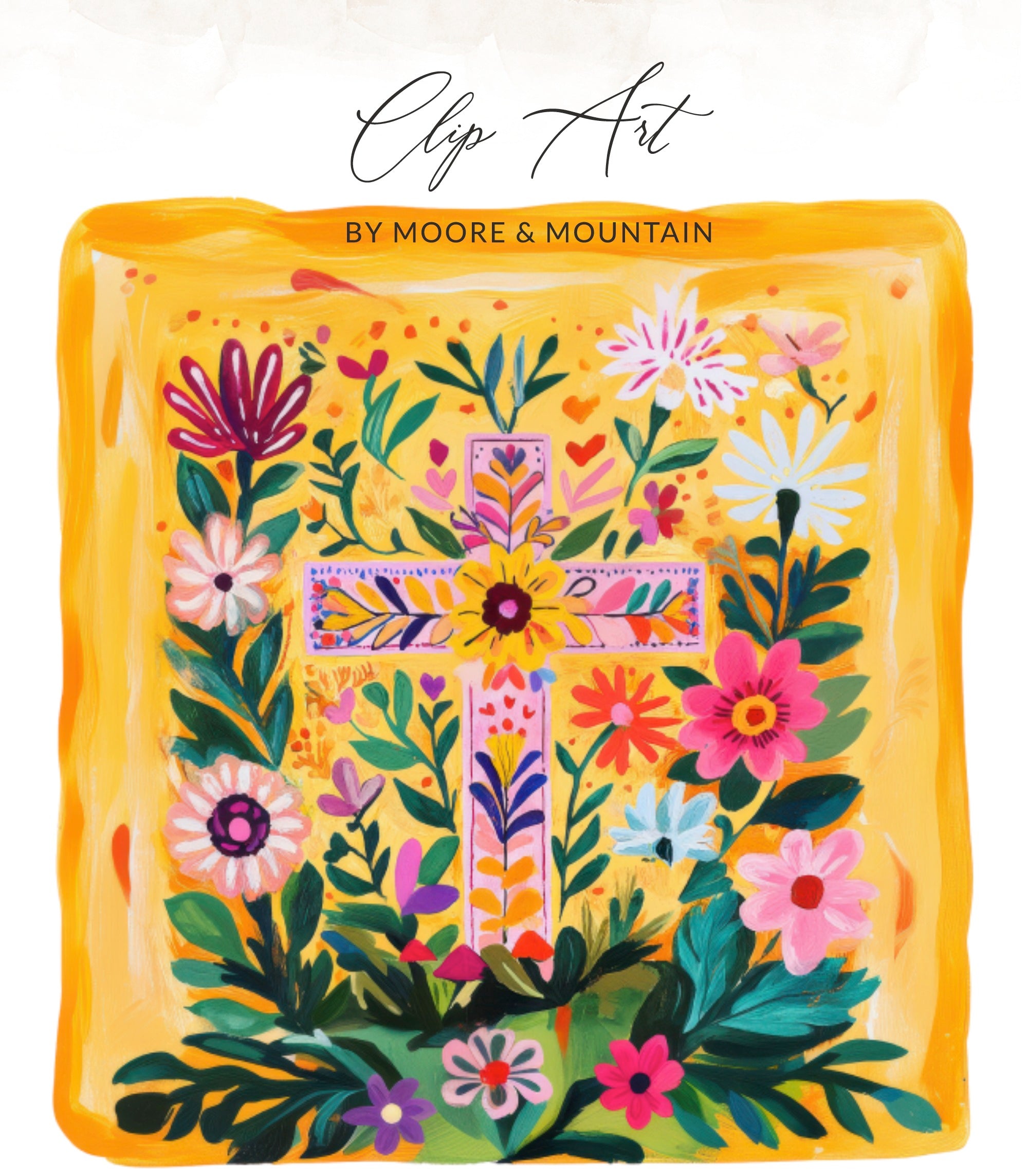 Floral cross art with "Clip Art by Moore & Mountain" text.