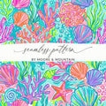 Seamless pattern with colorful seashells and coral on a light blue background.