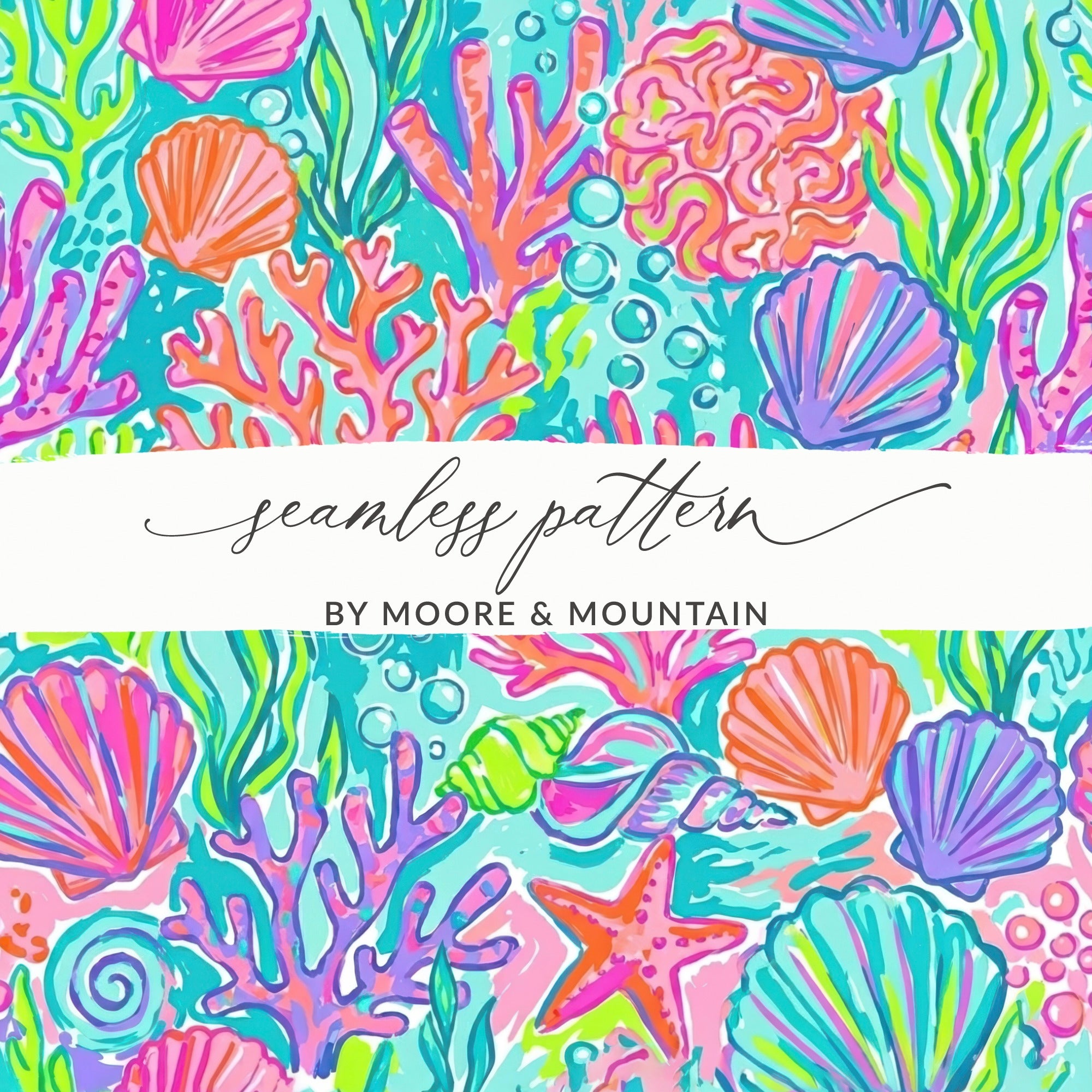 Seamless pattern with colorful seashells and coral on a light blue background.